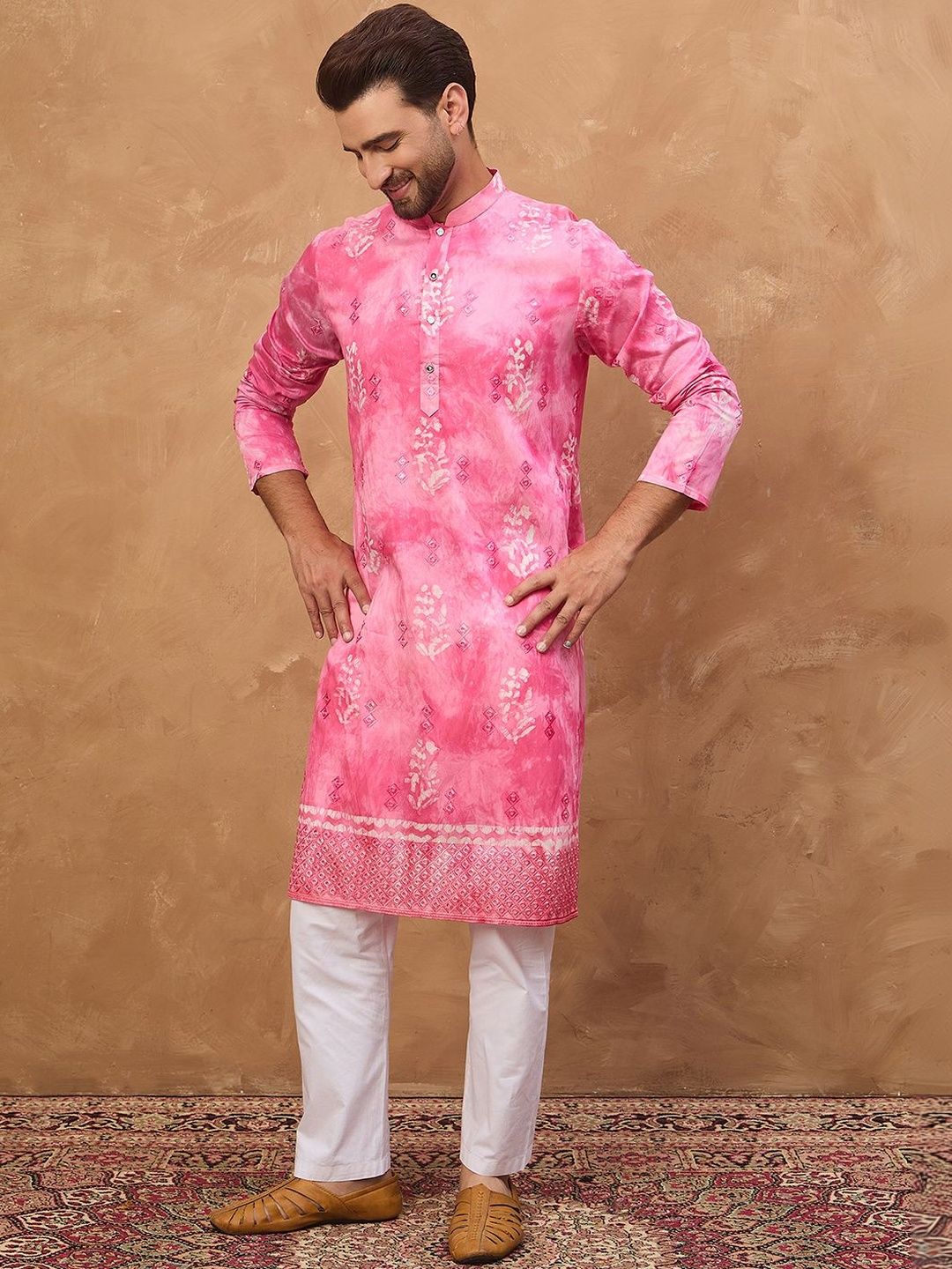 Men Pink Silk Blend Batik Embroidered Straight Kurta With Pant Set-MKSET1515