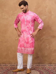 Men Pink Silk Blend Batik Embroidered Straight Kurta With Pant Set-MKSET1515