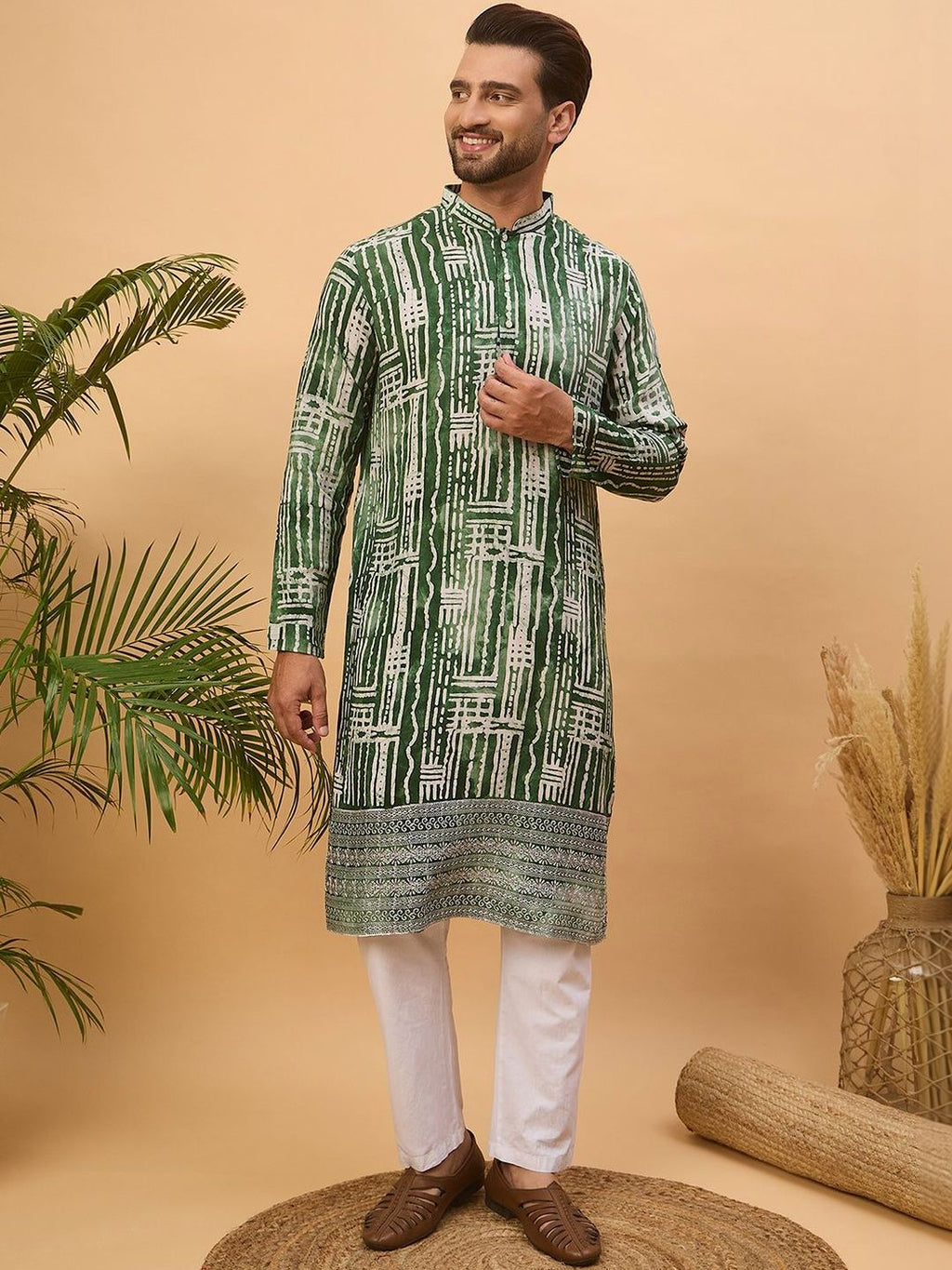 Men Green Viscose Rayon Batik Embroidered Straight Kurta With Pant Set-MKSET1500