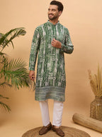 Men Green Viscose Rayon Batik Embroidered Straight Kurta With Pant Set-MKSET1500