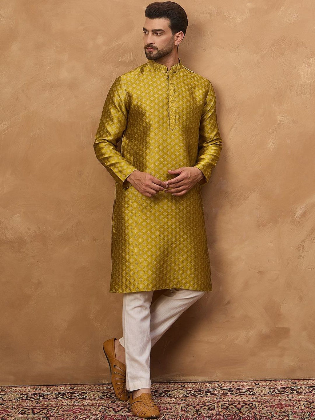 Men Yellow Silk Blend Solid Woven Design Straight Kurta With Pant Set-MKSET1459