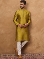 Men Yellow Silk Blend Solid Woven Design Straight Kurta With Pant Set-MKSET1459