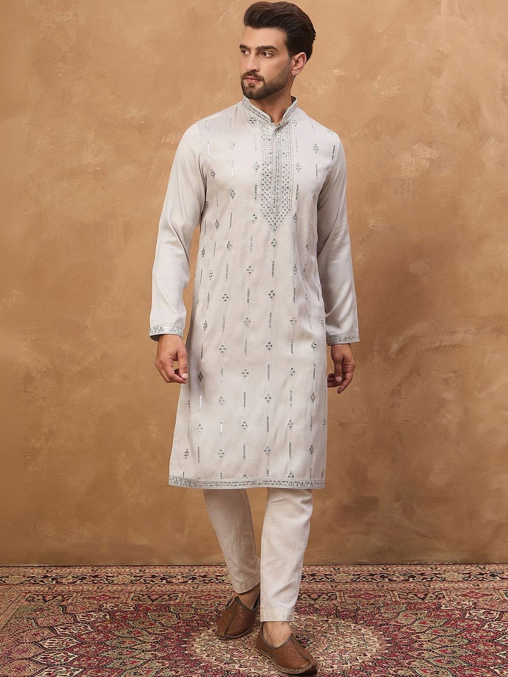 Men Grey Silk Blend Solid Embroidered Straight Kurta With Pant Set-MKSET1438