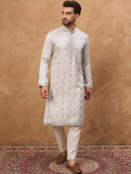 Men Grey Silk Blend Solid Embroidered Straight Kurta With Pant Set-MKSET1438