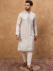 Men Grey Silk Blend Solid Embroidered Straight Kurta With Pant Set-MKSET1438