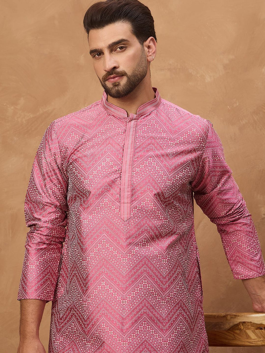 Men Pink Silk Blend Geometric Printed Straight Kurta With Pant Set-MKSET1532
