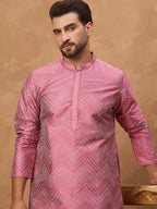 Men Pink Silk Blend Geometric Printed Straight Kurta With Pant Set-MKSET1532