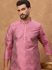 Men Pink Silk Blend Geometric Printed Straight Kurta With Pant Set-MKSET1532