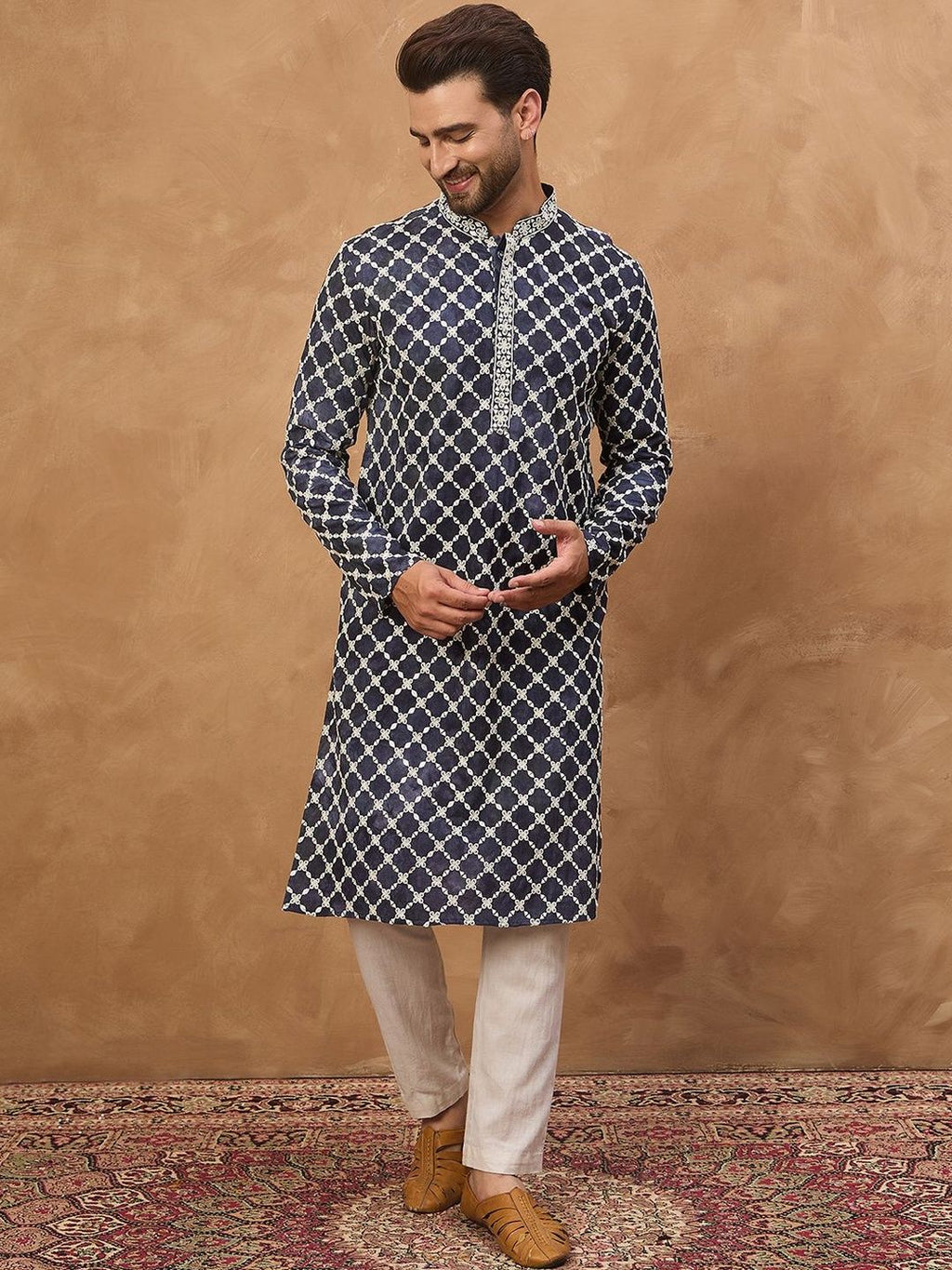 Men Blue Viscose Rayon Shibori Embroidered Straight Kurta With Pant Set-MKSET1534