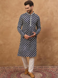 Men Blue Viscose Rayon Shibori Embroidered Straight Kurta With Pant Set-MKSET1534