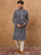 Men Blue Viscose Rayon Shibori Embroidered Straight Kurta With Pant Set-MKSET1534