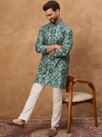 Men Green Cotton Blend Ethnic Motifs Printed Straight Kurta With Pant Set-MKSET1545