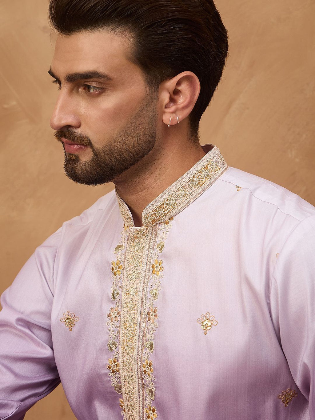 Men Purple Silk Blend Solid Embroidered Straight Kurta With Pant Set-MKSET1487