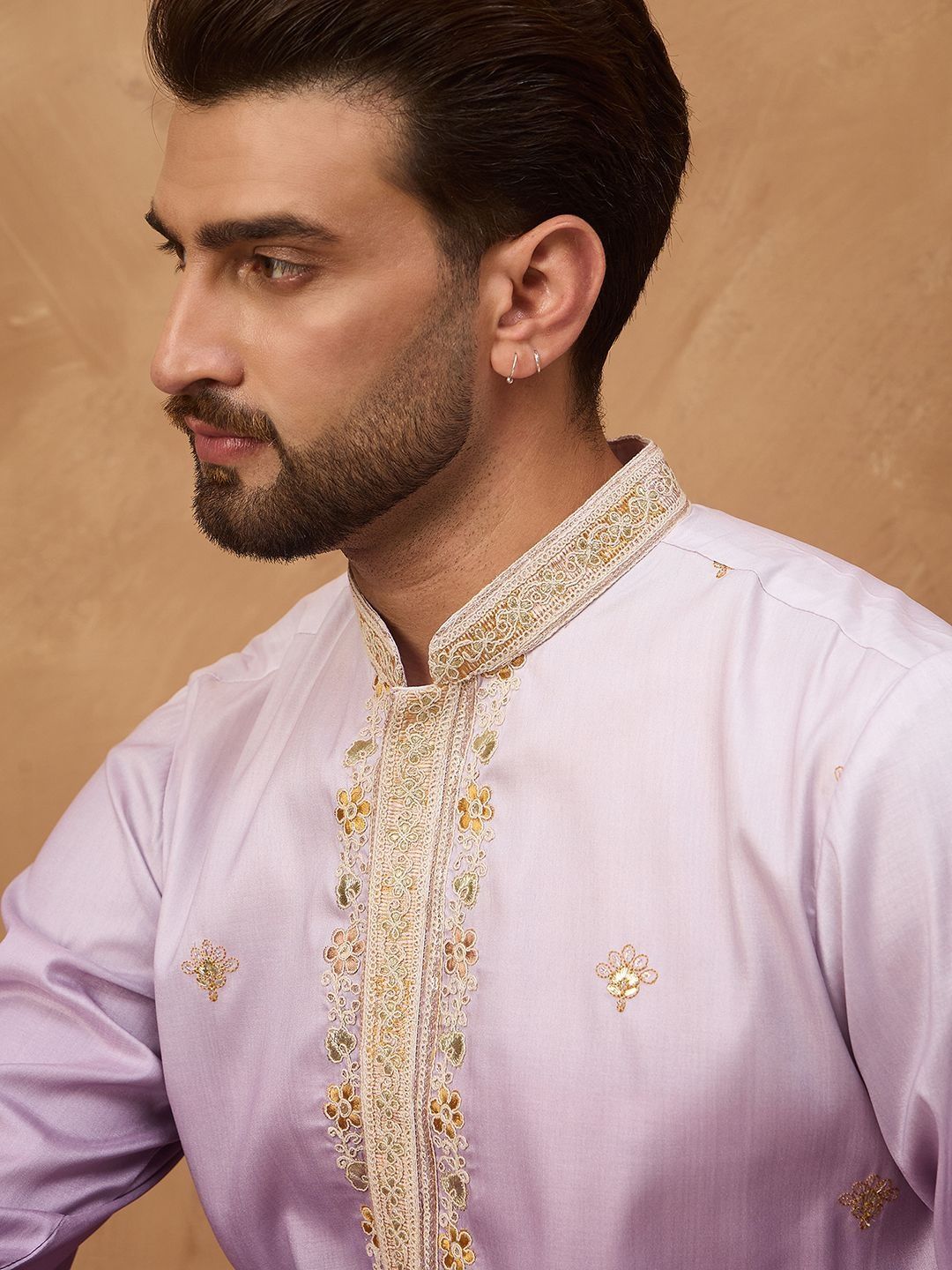 Men Purple Silk Blend Solid Embroidered Straight Kurta With Pant Set-MKSET1487