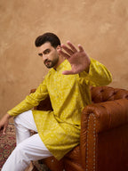 Men Yellow Viscose Rayon Ethnic Motifs Printed Straight Kurta With Pant Set-MKSET1542