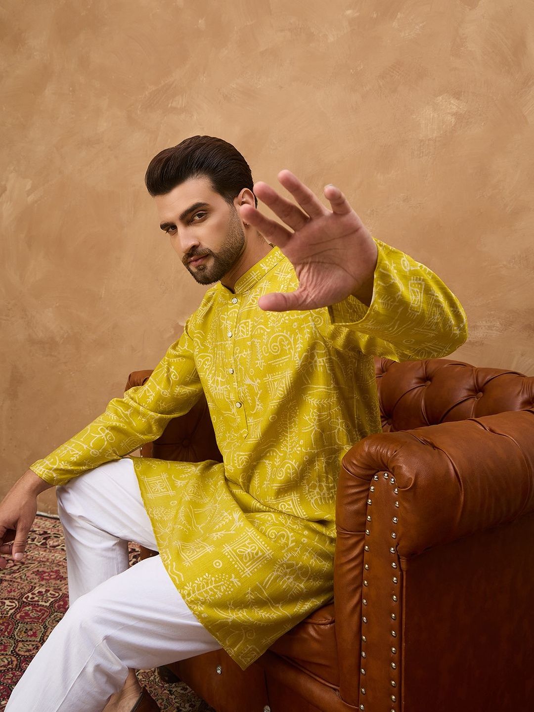 Men Yellow Viscose Rayon Ethnic Motifs Printed Straight Kurta With Pant Set-MKSET1542