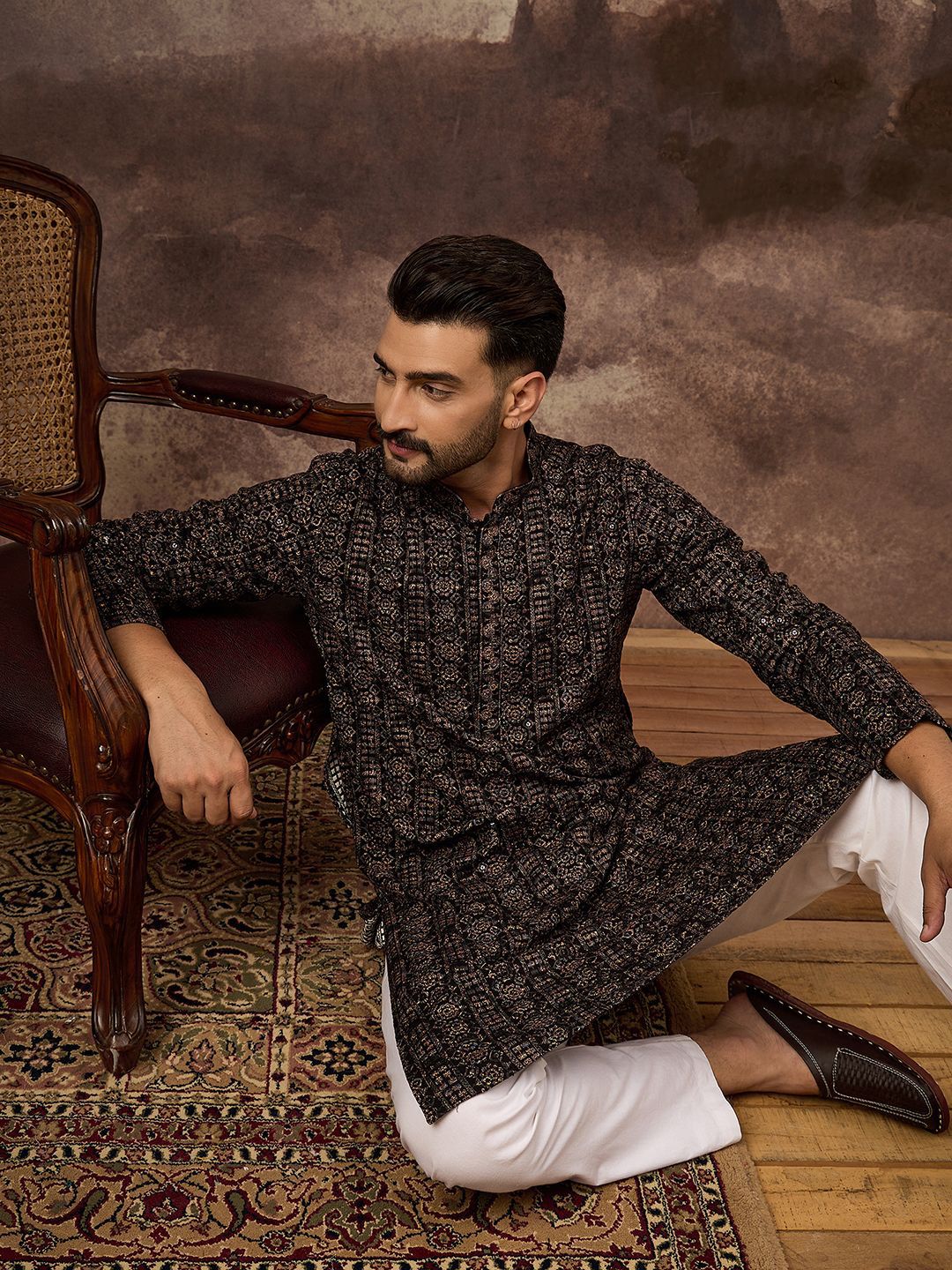 Men Black Viscose Rayon Ethnic Motifs Embroidered Straight Kurta With Pant Set-MKSET1405