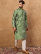 Men Green Silk Blend Geometric Printed Straight Kurta With Pant Set-MKSET1530