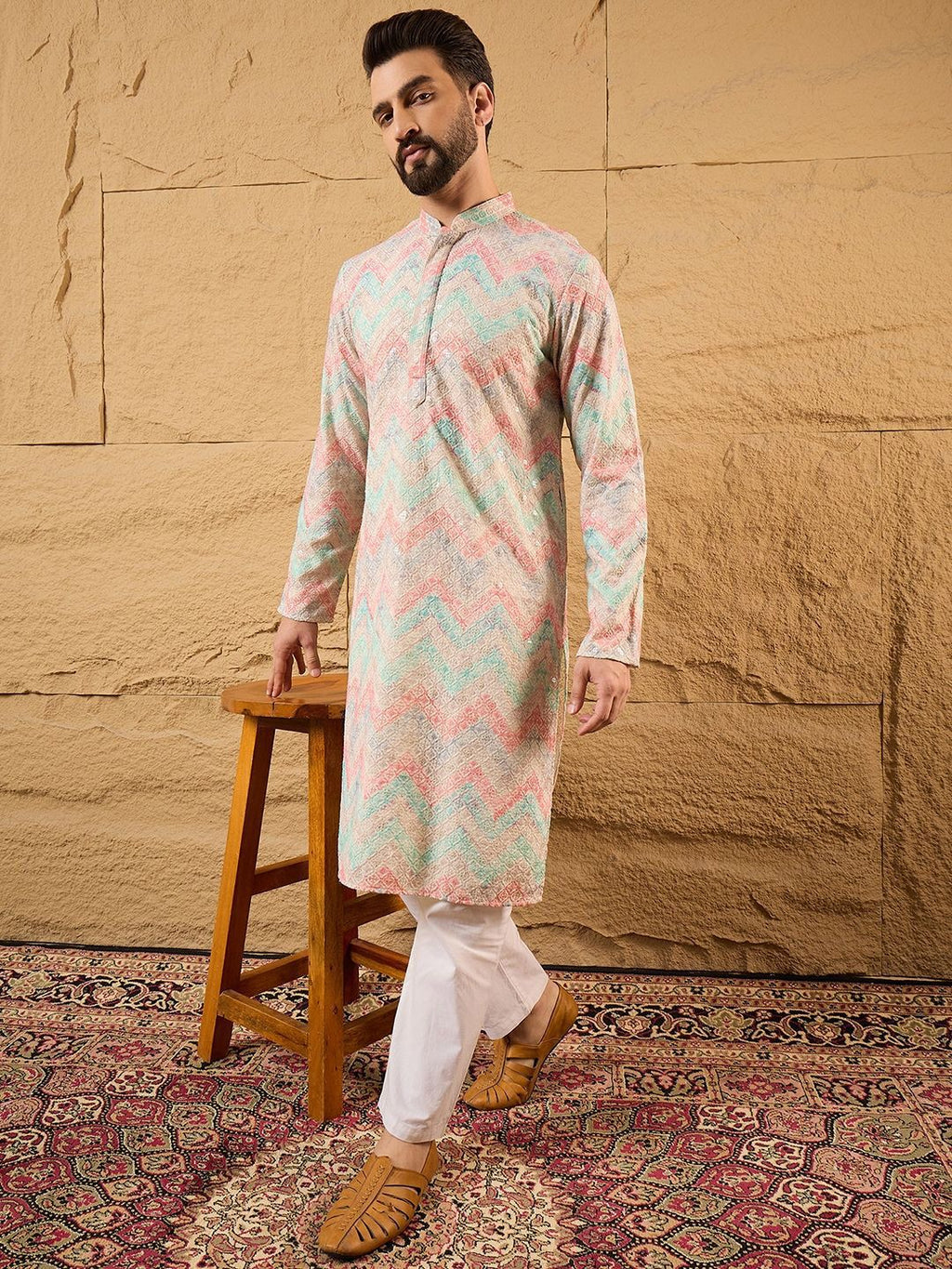 Men Multicolour Viscose Rayon Geometric Embroidered Straight Kurta With Pant Set-MKSET1193