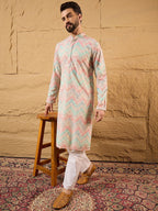 Men Multicolour Viscose Rayon Geometric Embroidered Straight Kurta With Pant Set-MKSET1193