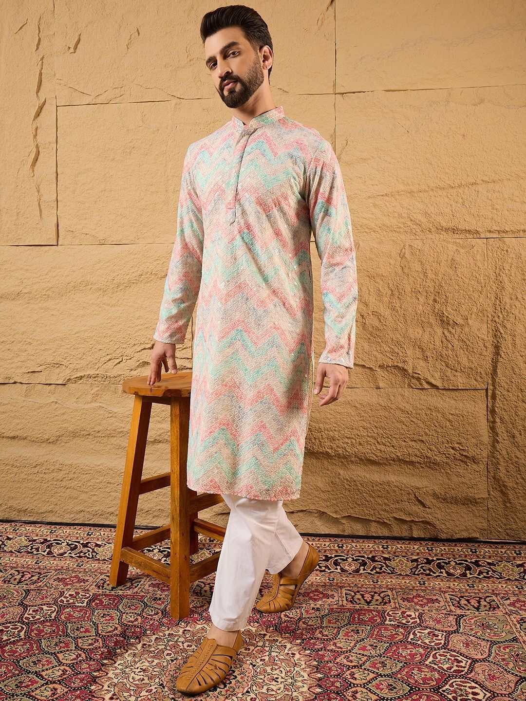 Men Multicolour Viscose Rayon Geometric Embroidered Straight Kurta With Pant Set-MKSET1193