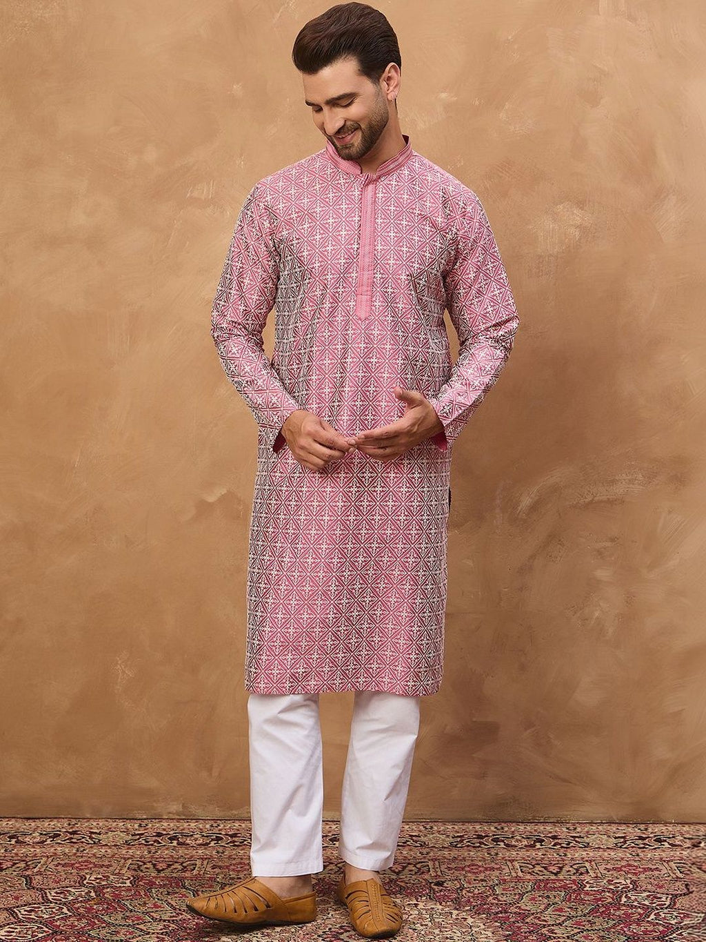 Men Pink Silk Blend Ethnic Motifs Printed Straight Kurta With Pant Set-MKSET1525