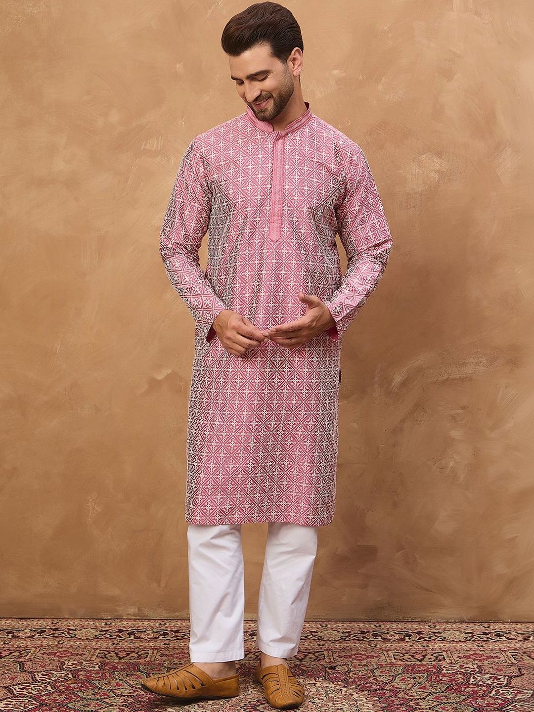 Men Pink Silk Blend Ethnic Motifs Printed Straight Kurta With Pant Set-MKSET1525