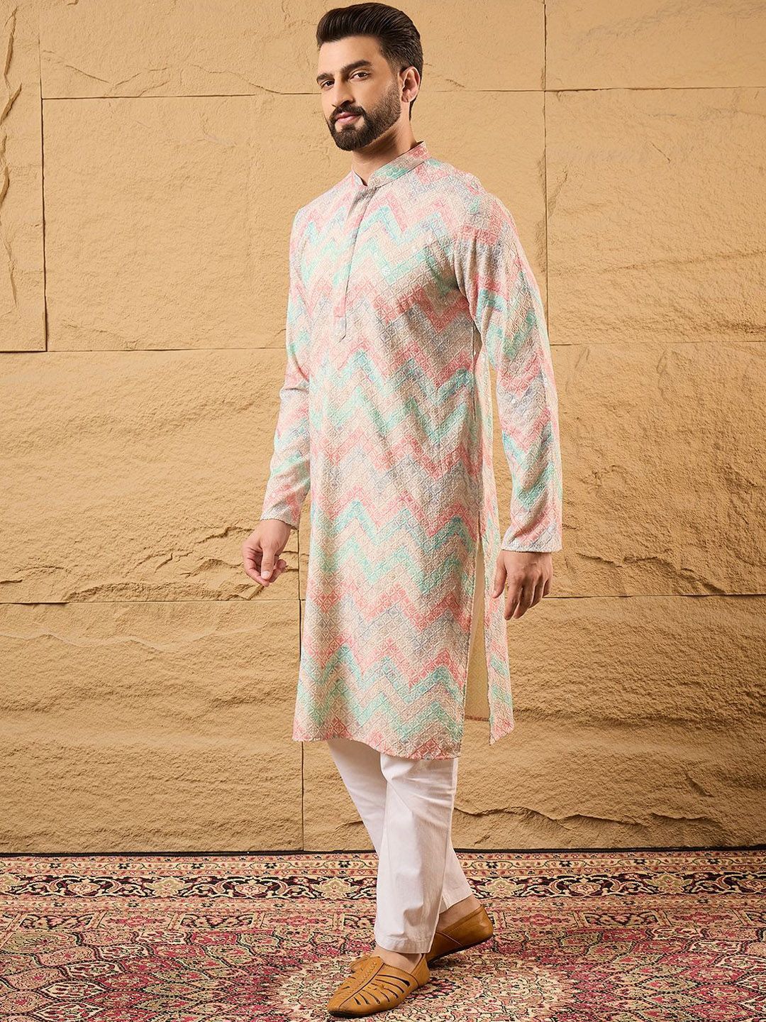 Men Multicolour Viscose Rayon Geometric Embroidered Straight Kurta With Pant Set-MKSET1193