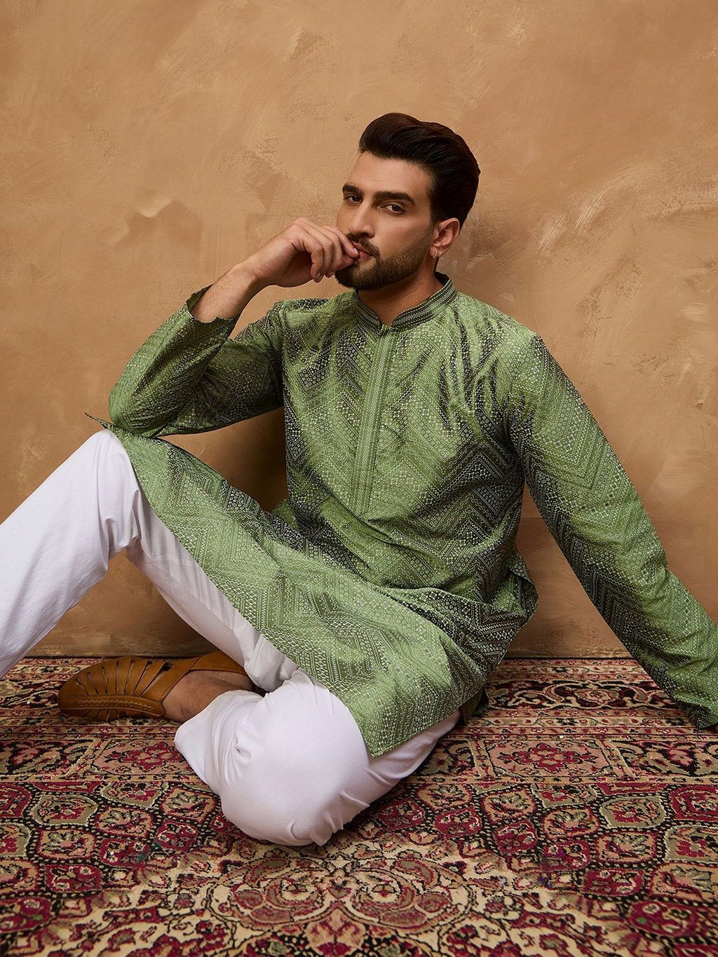Men Green Silk Blend Geometric Printed Straight Kurta With Pant Set-MKSET1522