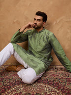 Men Green Silk Blend Geometric Printed Straight Kurta With Pant Set-MKSET1522