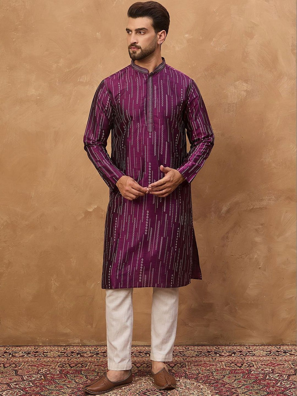 Men Purple Silk Blend Geometric Printed Straight Kurta With Pant Set-MKSET1518