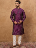 Men Purple Silk Blend Geometric Printed Straight Kurta With Pant Set-MKSET1518