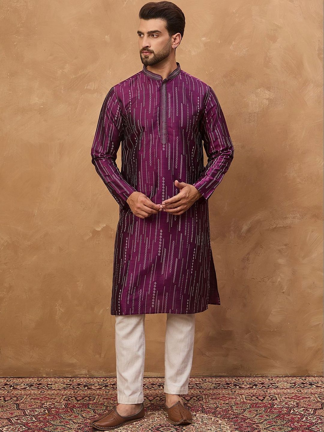 Men Purple Silk Blend Geometric Printed Straight Kurta With Pant Set-MKSET1518