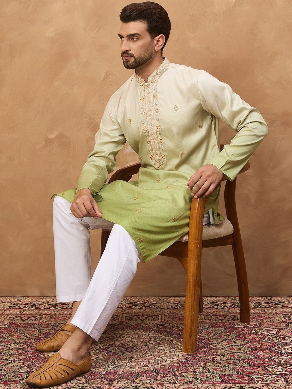 Men Green Silk Blend Solid Embroidered Straight Kurta With Pant Set-MKSET1488