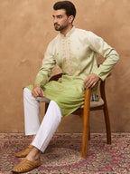 Men Green Silk Blend Solid Embroidered Straight Kurta With Pant Set-MKSET1488