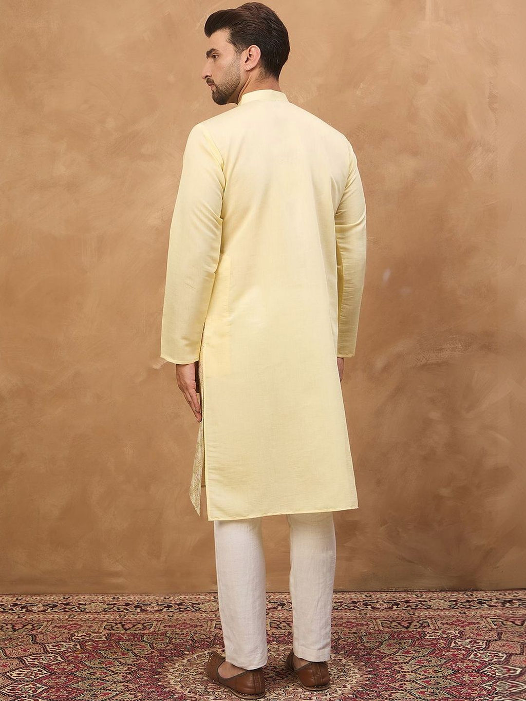 Men Yellow Silk Blend Solid Embroidered Straight Kurta With Pant Set-MKSET1467