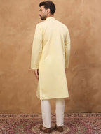 Men Yellow Silk Blend Solid Embroidered Straight Kurta With Pant Set-MKSET1467