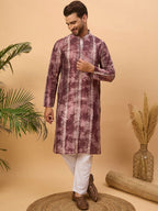 Men Burgundy Silk Blend Shibori Embroidered Straight Kurta With Pant Set-MKSET1537