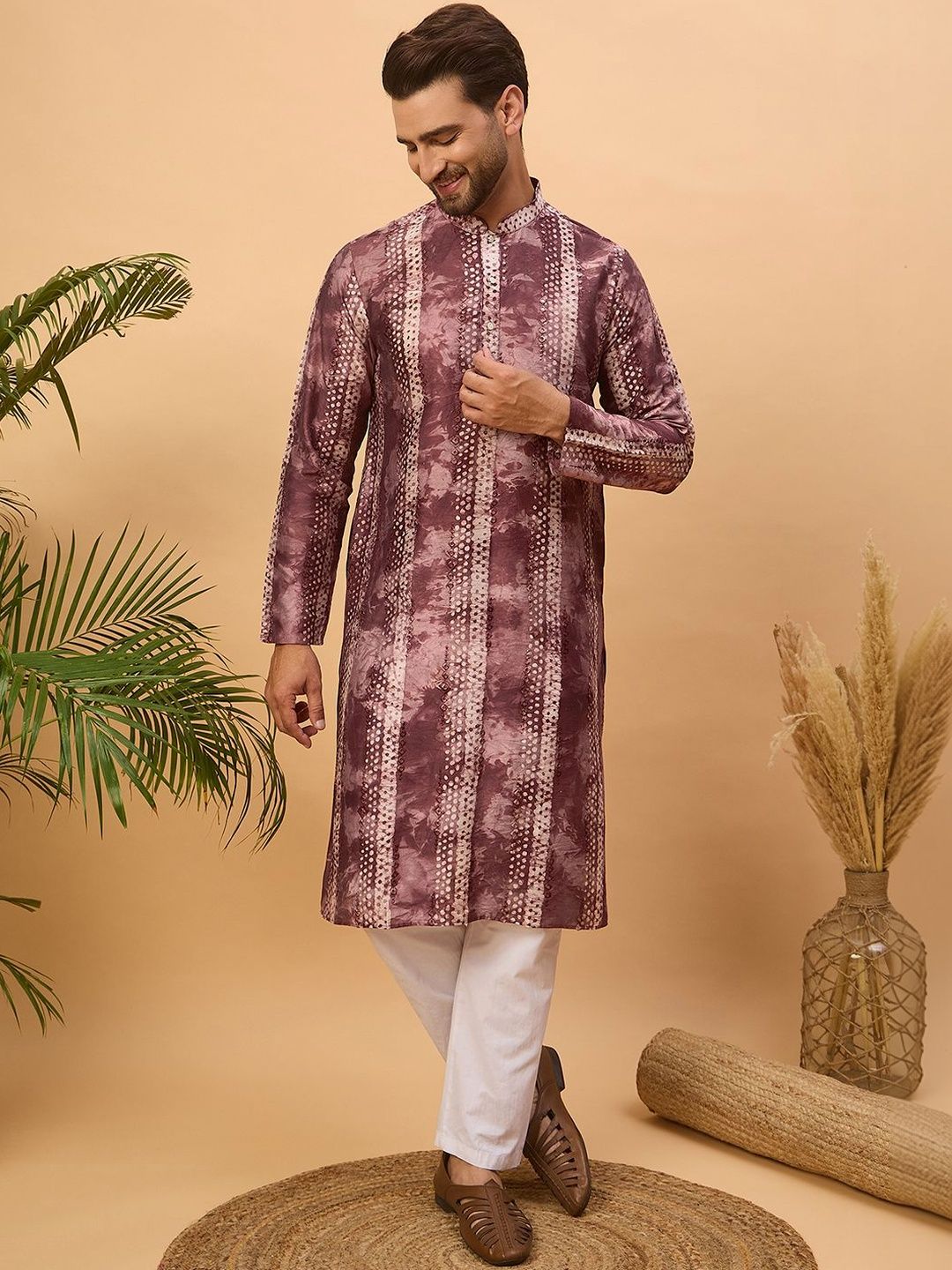Men Burgundy Silk Blend Shibori Embroidered Straight Kurta With Pant Set-MKSET1537