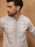 Men Grey Silk Blend Solid Embroidered Straight Kurta With Pant Set-MKSET1438