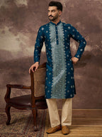 Men Blue Silk Blend Solid Embroidered Straight Kurta With Pant Set-MKSET1371