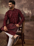 Men Maroon Silk Blend Solid Embroidered Straight Kurta With Pant Set-MKSET1361