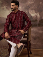 Men Maroon Silk Blend Solid Embroidered Straight Kurta With Pant Set-MKSET1361