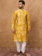 Men Yellow Silk Blend Shibori Embroidered Straight Kurta With Pant Set-MKSET1540