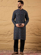 Mens Blue Viscose Rayon Abstract Embroidered Chikankari Straight Kurta With Pant Set-MKSET1172