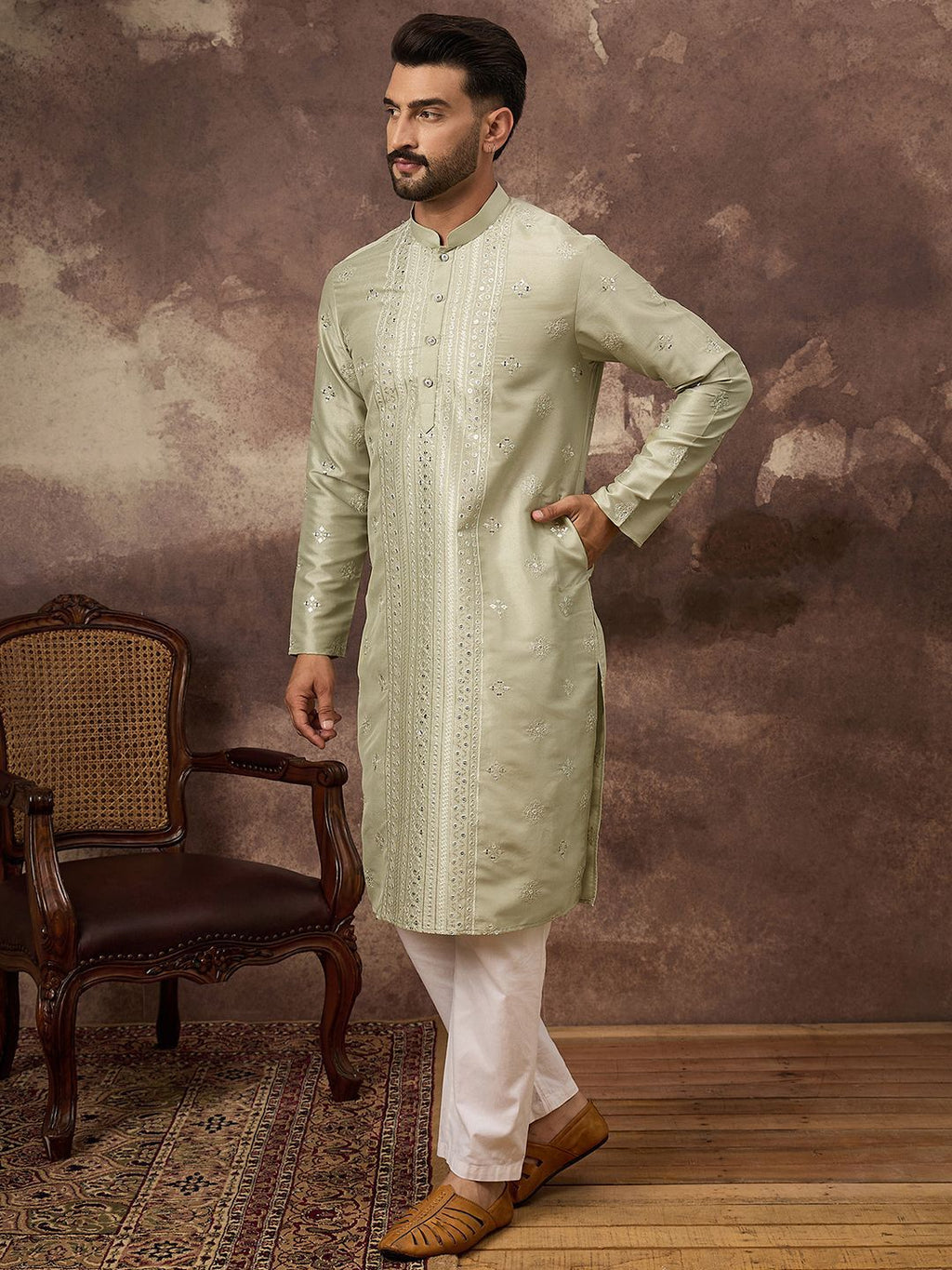Men Green Silk Blend Solid Embroidered Straight Kurta With Pant Set-MKSET1363