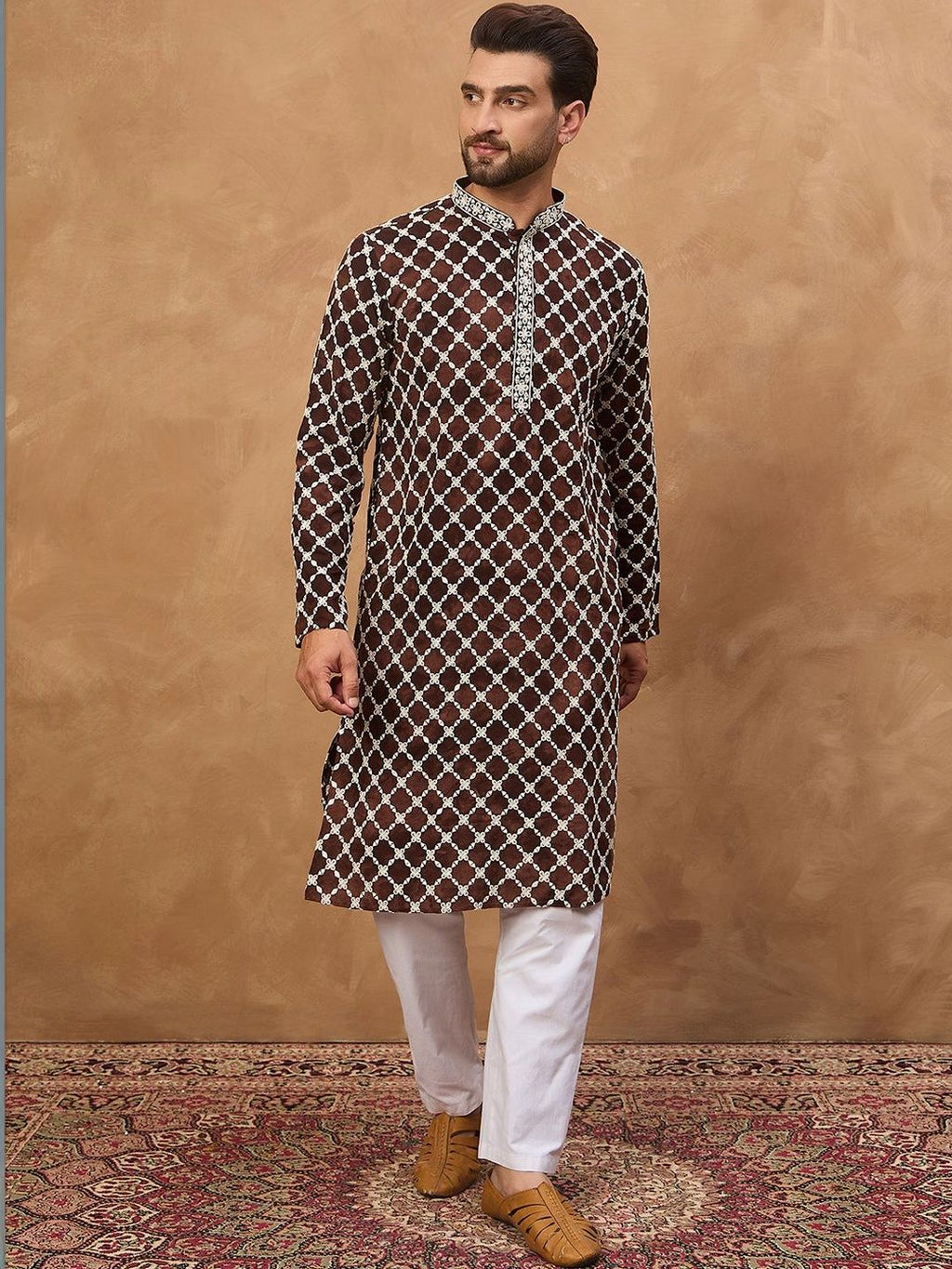 Men Brown Viscose Rayon Solid Embroidered Straight Kurta With Pant Set-MKSET1536
