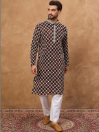 Men Brown Viscose Rayon Solid Embroidered Straight Kurta With Pant Set-MKSET1536