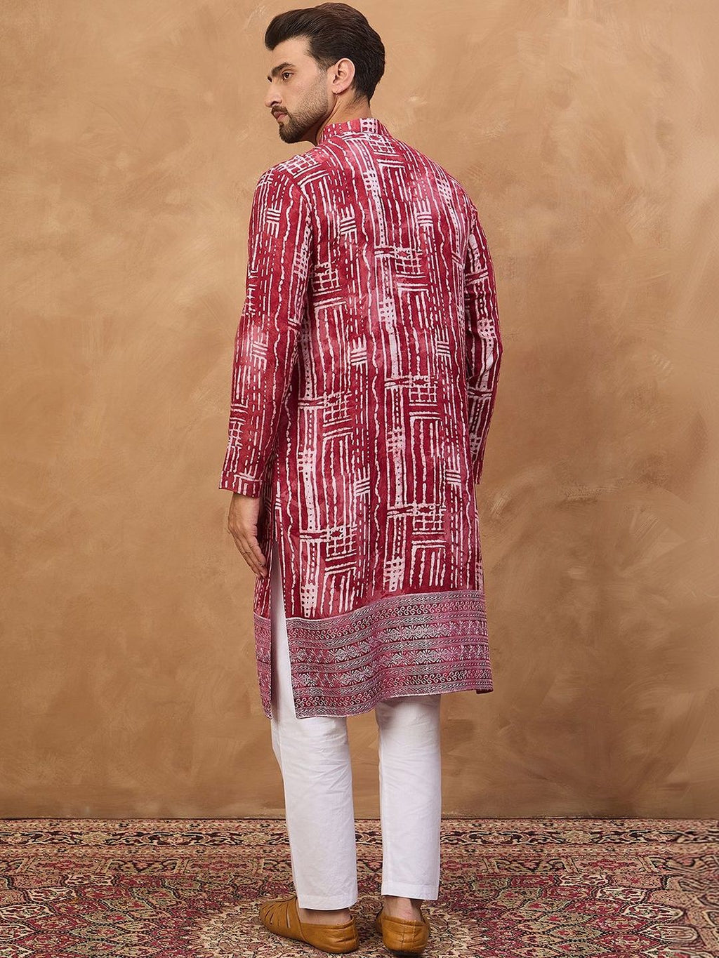 Men Red Viscose Rayon Batik Embroidered Straight Kurta With Pant Set-MKSET1499