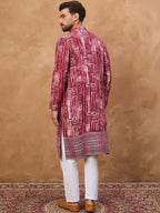 Men Red Viscose Rayon Batik Embroidered Straight Kurta With Pant Set-MKSET1499